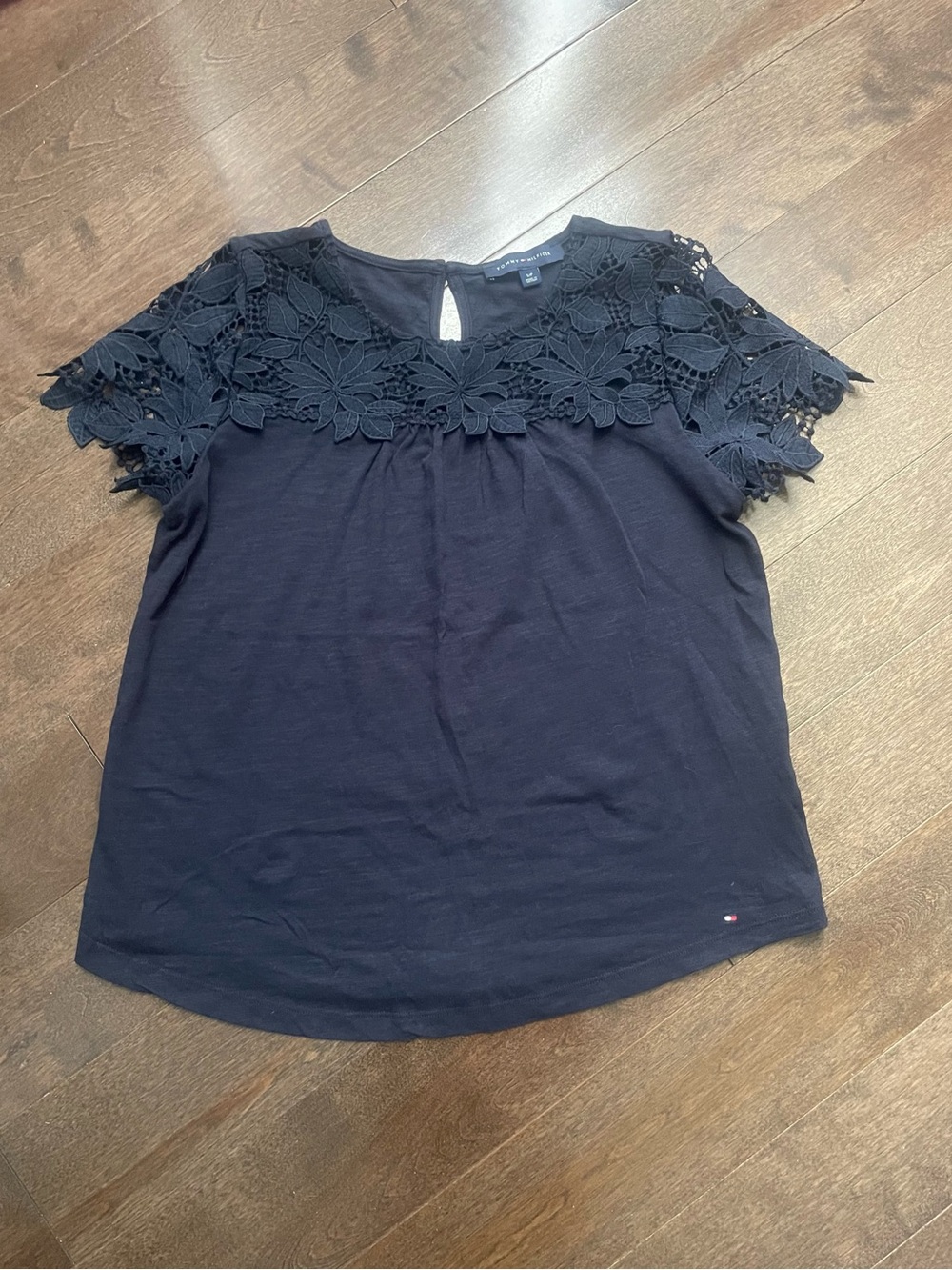 Tommy Hilfiger Navy Short-Sleeve Top with Floral Lace Yoke
